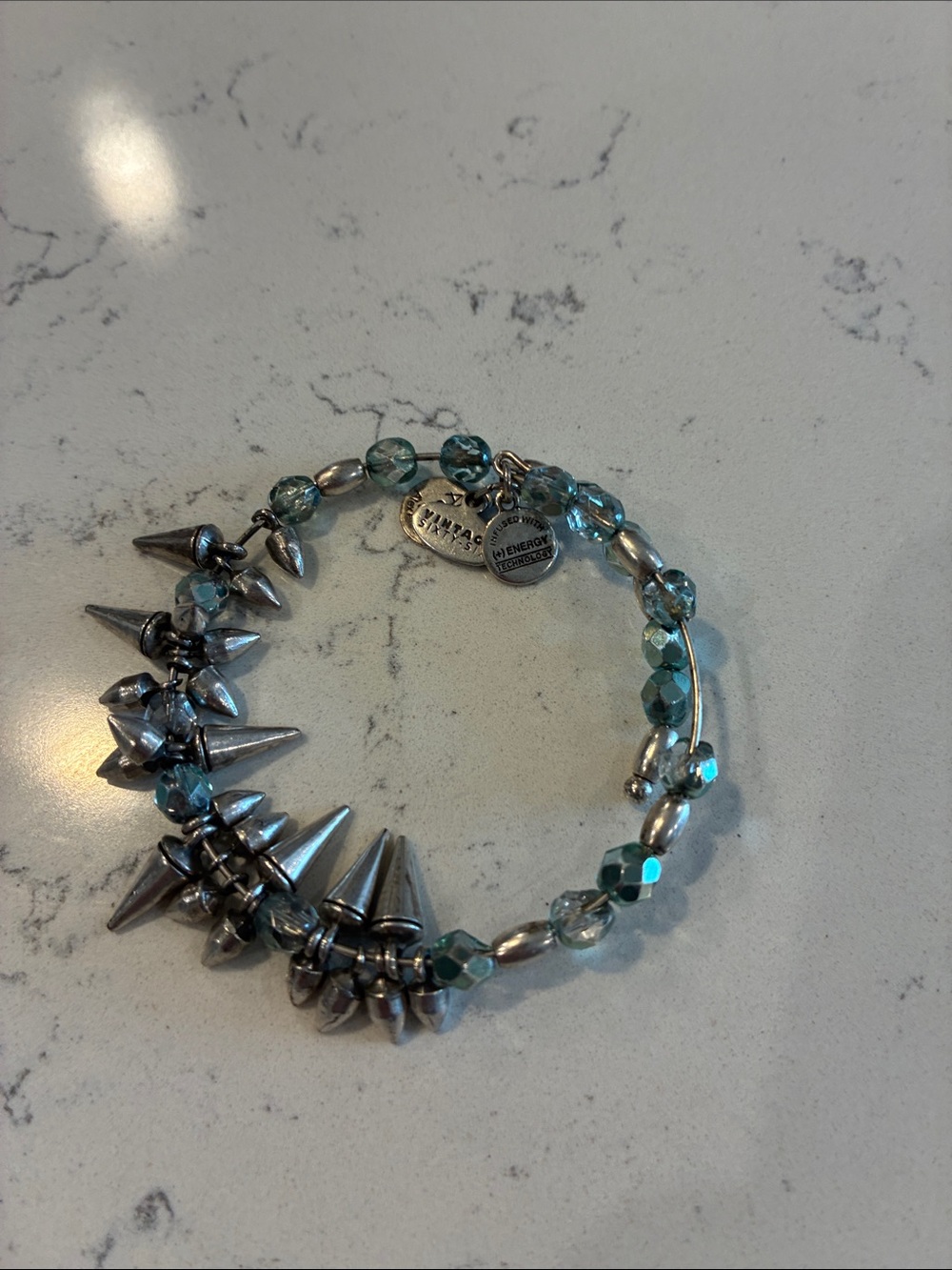 Alex and Ani Teal Faceted Bead Bracelet with Silver Spikes - Picture 4 of 4